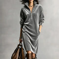 Women's polyester midi dress with lapel collar