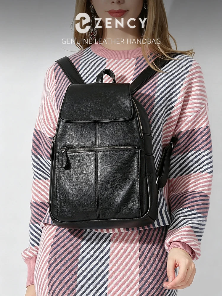 Zency Stylish White Black Genuine Leather Women Backpack A++ Quality Anti-theft Large Capacity Knapsack Travel Designer Rucksack