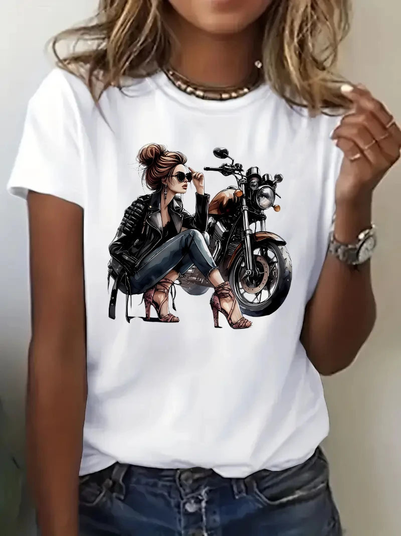 T-shirt da donna con stampa grafica di motociclista