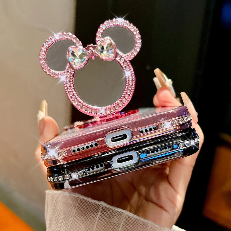 Luxury Glitter Cute Mirror Case For iPhone 18 ProMax 17 Air 16 15 Plus 14 Pro 13 12 Pro Max Rotation Bracket Half Wrapped Cover