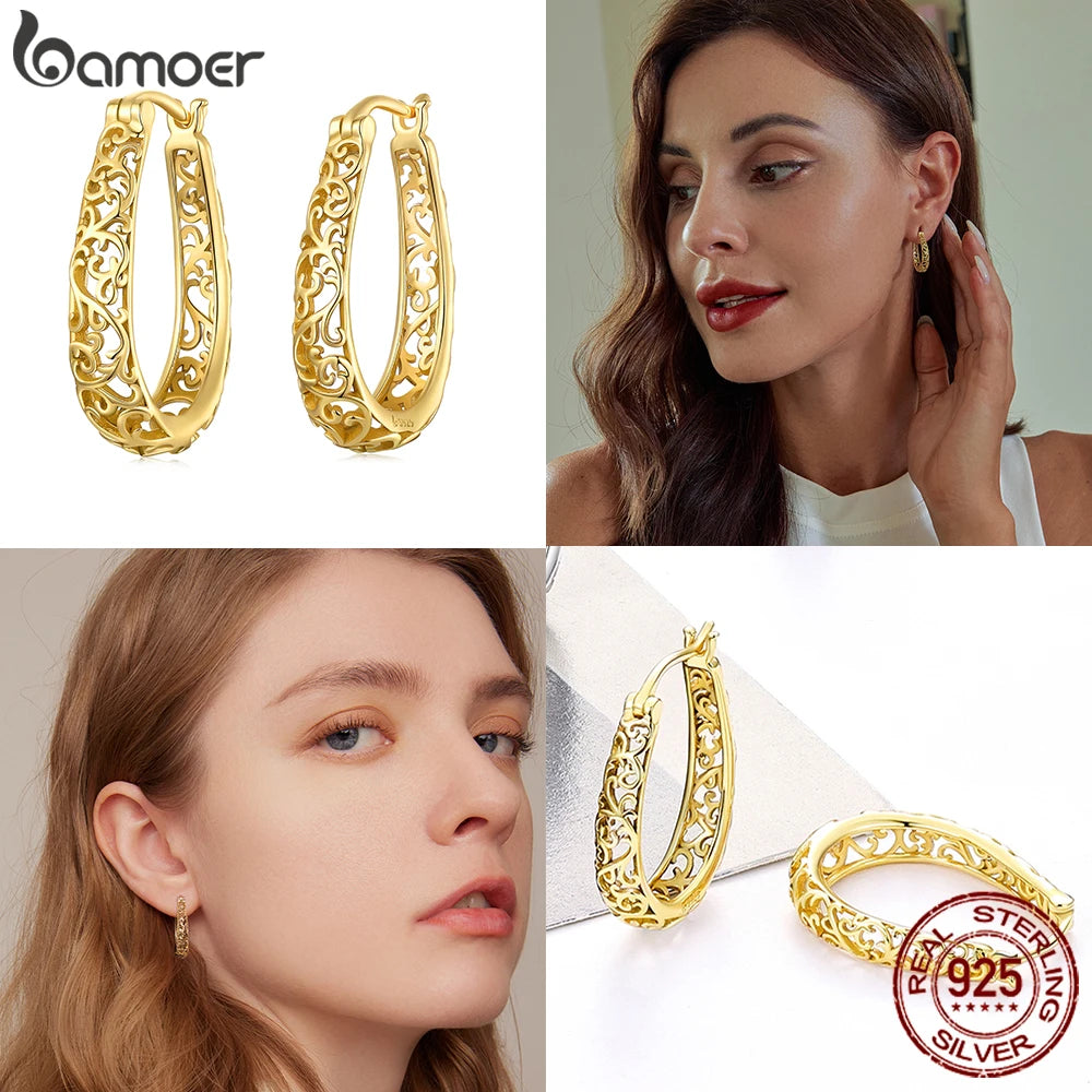Orecchini a cerchio con motivo botanico, colore oro o argento