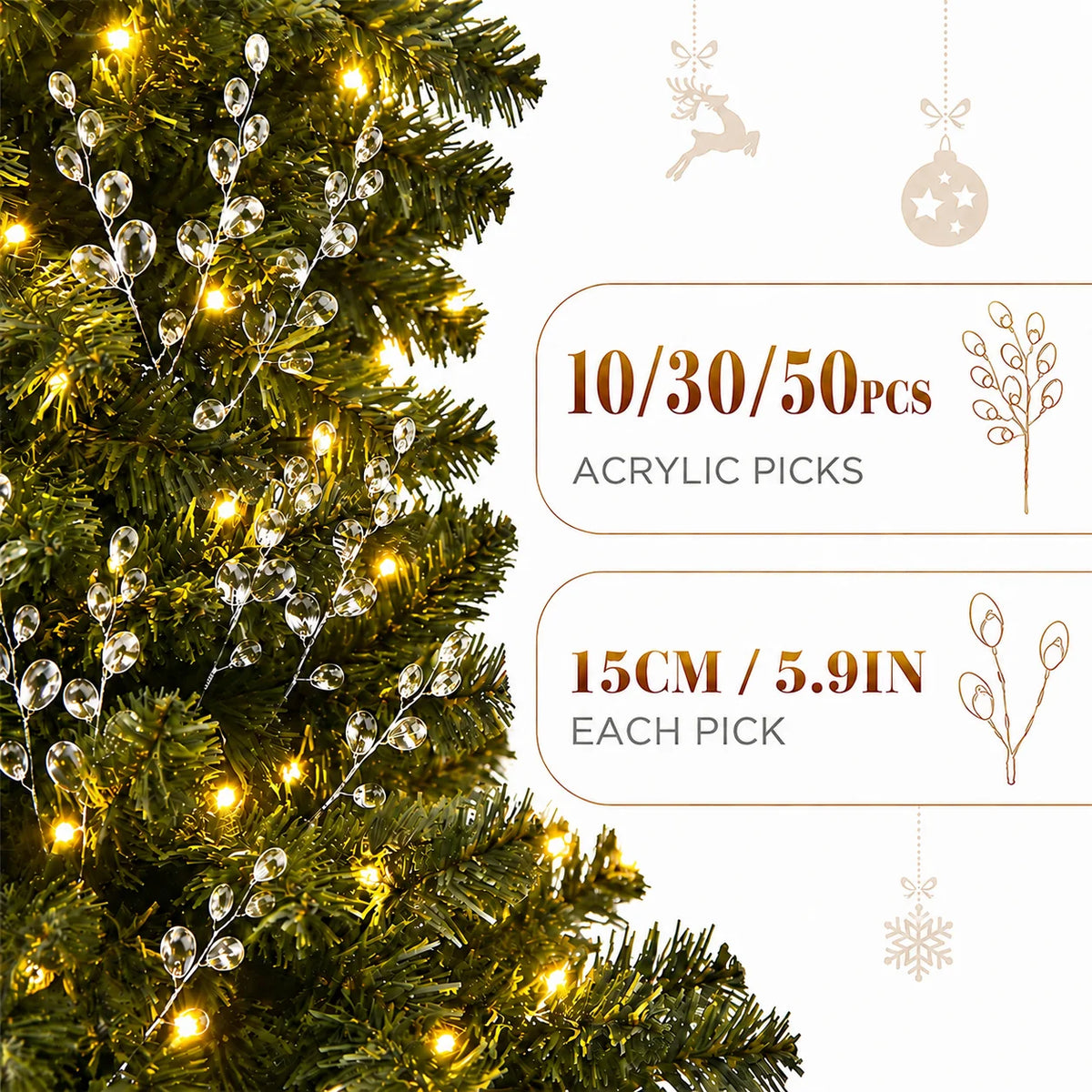 10/30/50Pcs Christmas Decorations Acrylic Bead Drop Stems Flowers Crafts for Xmas Tree Gifts DIY Floral Party Decor Accessories
