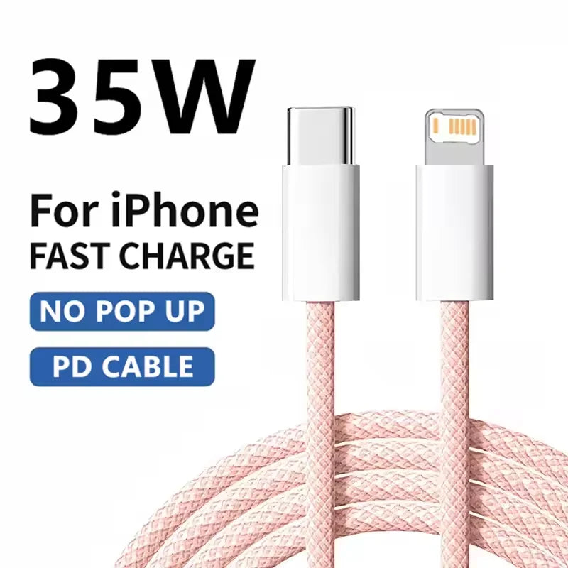 Cable trenzado PD de 1 m y 2 m, carga rápida de 35 W para iPhone 13, 14 Pro Max, 11, 12 mini, X, XR, XS Max, 7 y 8 Plus, cable USB-C para carga rápida y transferencia de datos
