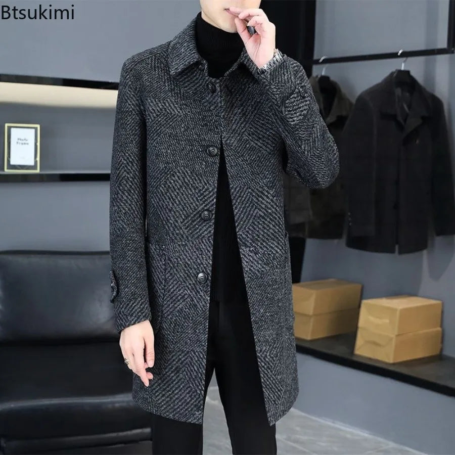 2026 New Men's Fashion Lapel Slim Single Breasted Trench Coats Mid-Length Double Side Woolen Overcoats Autumn Winter Men Clothes