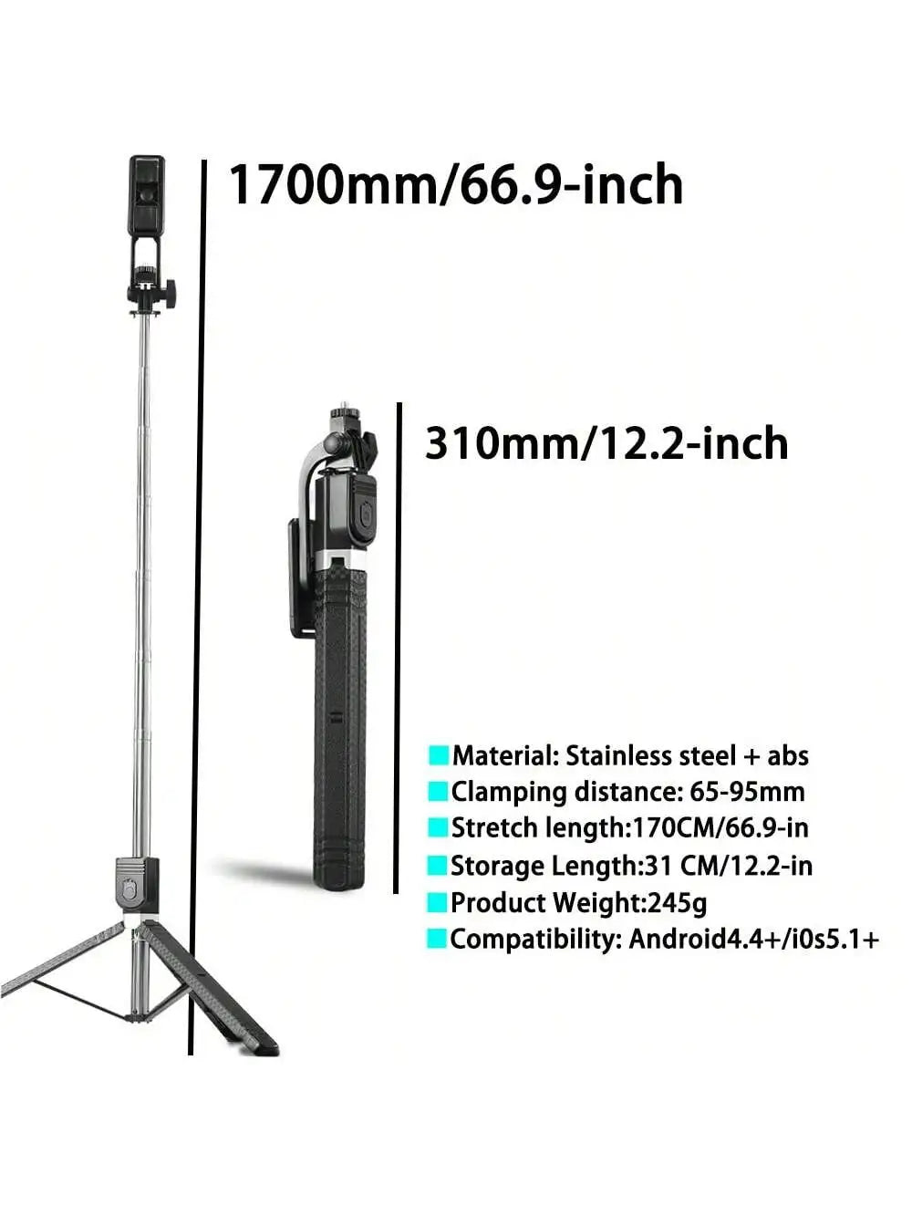 170 Cm Selfie Stick Tripod Retractable With Wireless Remote Control Portable Compatible For Apple And Android Phones