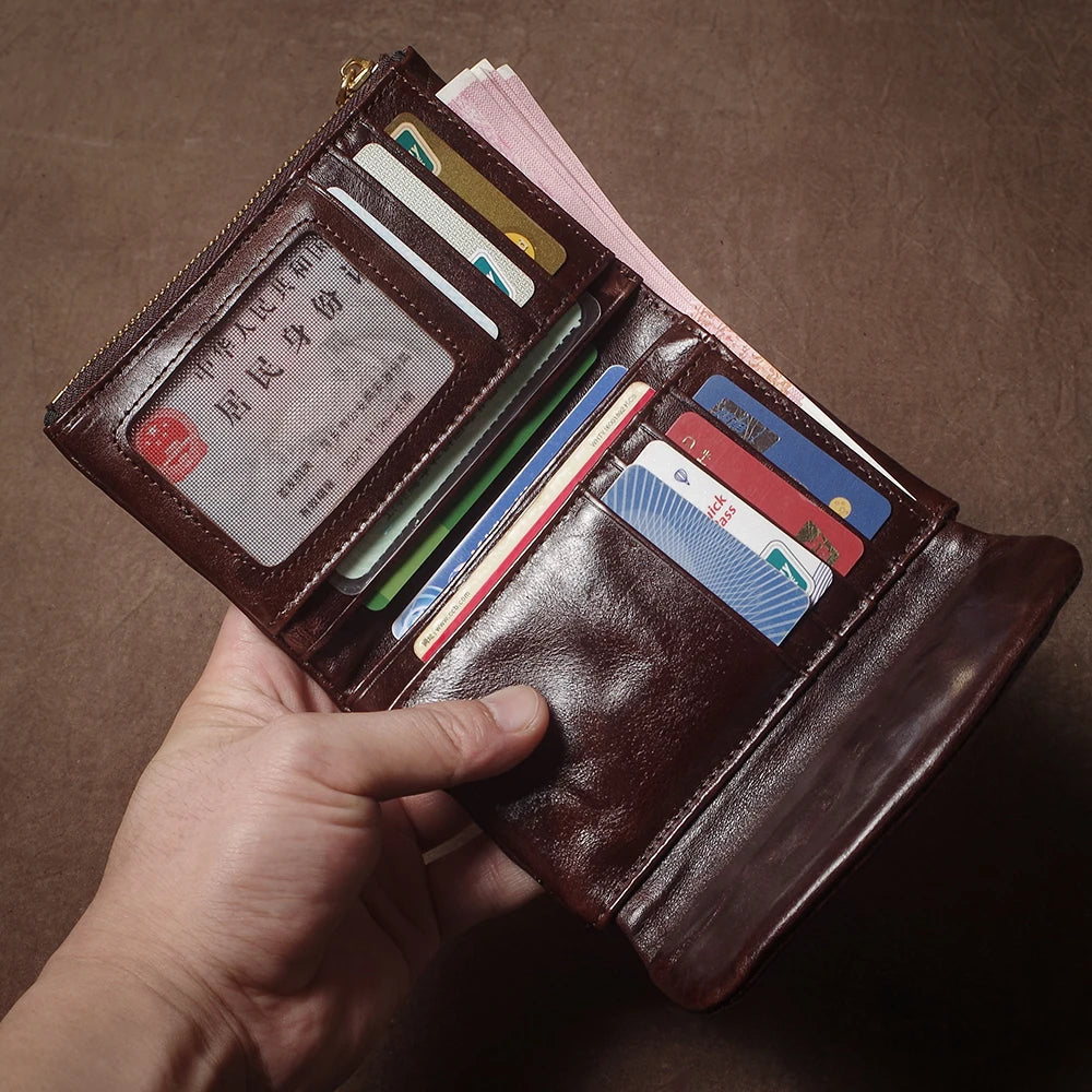 GURO Vintage Genuine Leather Trifold Wallet for Men Women Zipper Coin Purse Driver License ID Credit Card Luxury Cowhide Wallet