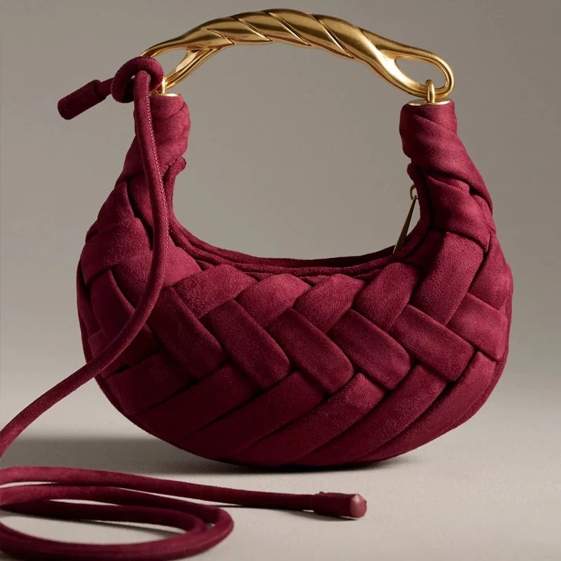 Vintage Faux Suede Hand-Woven Bags For Women Luxury Designer Handbags Purses 2025 New In Metal Top Handle Cross-Woven  Shoulder