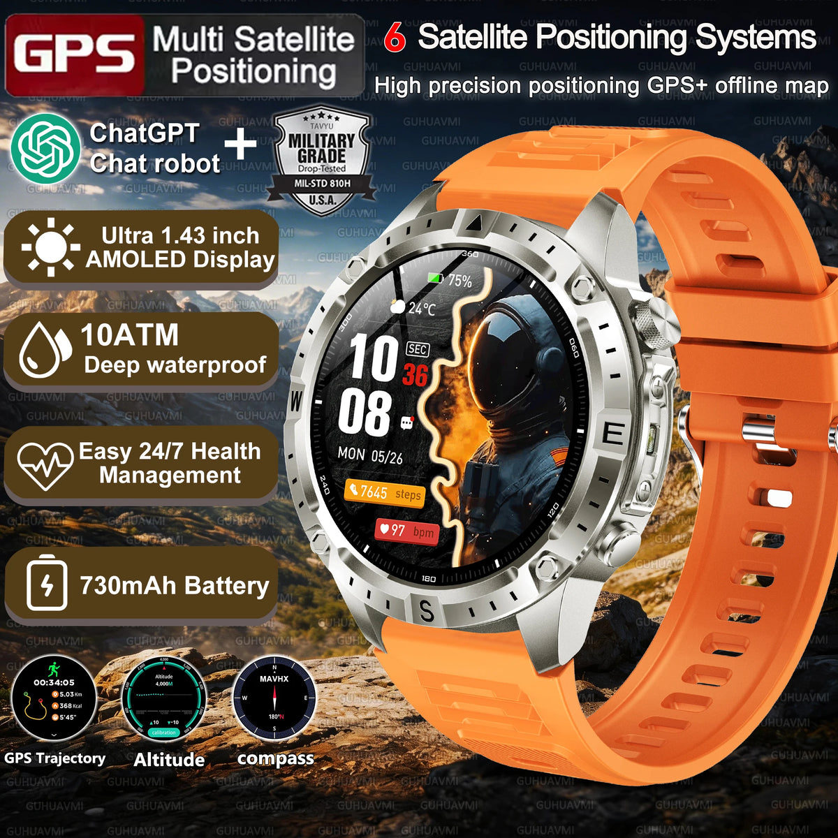 2026New Tank Grade Built in GPS SmartWatch Offline Map 10ATM Swim 2GB Music Compass Bluetooth Call Fitness Sports Smartwatch Men