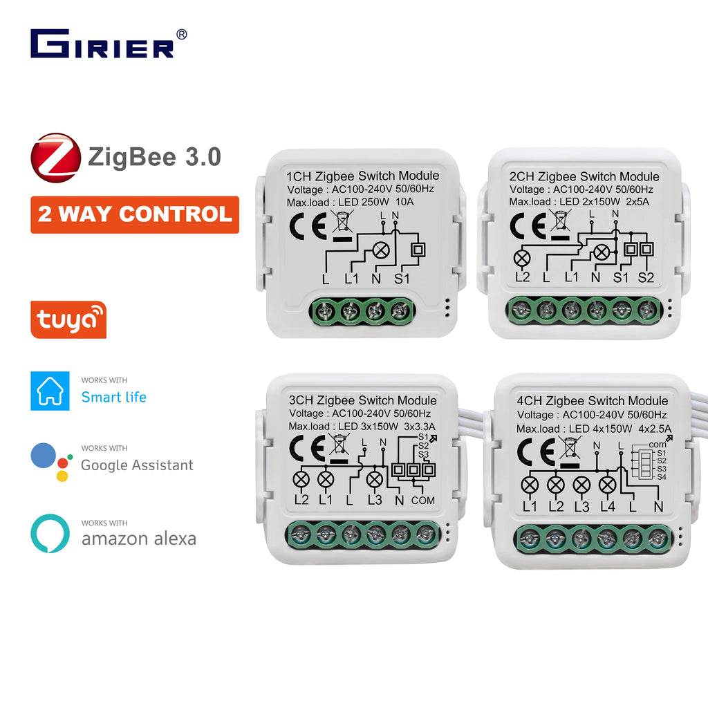 GIRIER Tuya ZigBee 3.0 Light Switch Module, Smart DIY Breaker 1 2 3 4 Gang Supports 2 Way Control, Works with Alexa Google Home