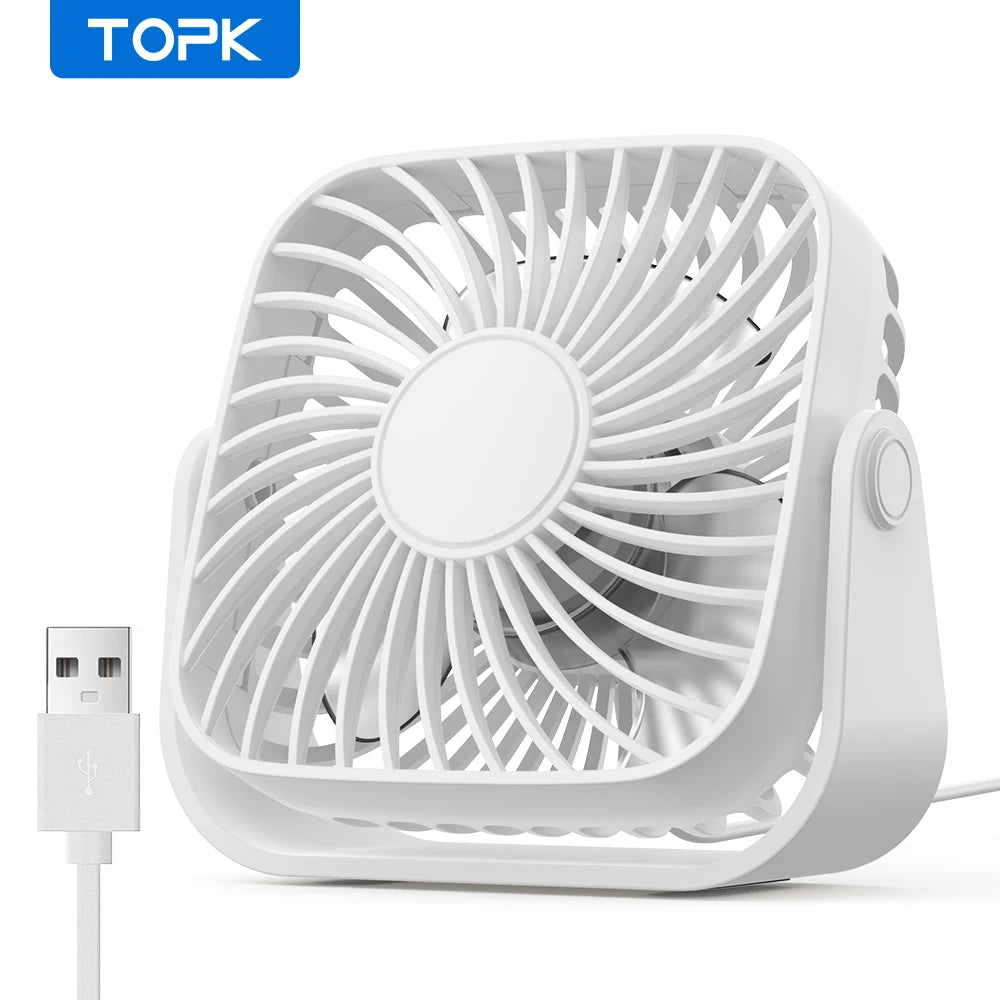 TOPK 4-Zoll-USB-Mini-Ventilator für Camping, leiser Tischventilator mit 3 Geschwindigkeitsstufen, 360° verstellbarer Standventilator für Zimmer und Zuhause