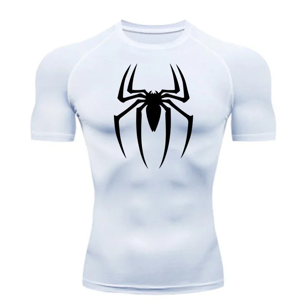 2023Men's Spider Print Compression Shirt, Quick Dry T-Shirt, Gym Running Jersey, Breathable Short Sleeve, Spring, Summer, S-3XL