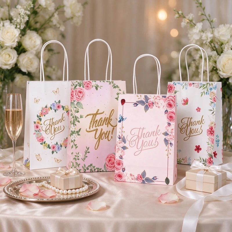 50 sacs cadeaux en papier « Merci » avec imprimé floral, anses en papier kraft, pour mariage, anniversaire, baby shower et emballage de cadeaux pour invités (lot de 50)