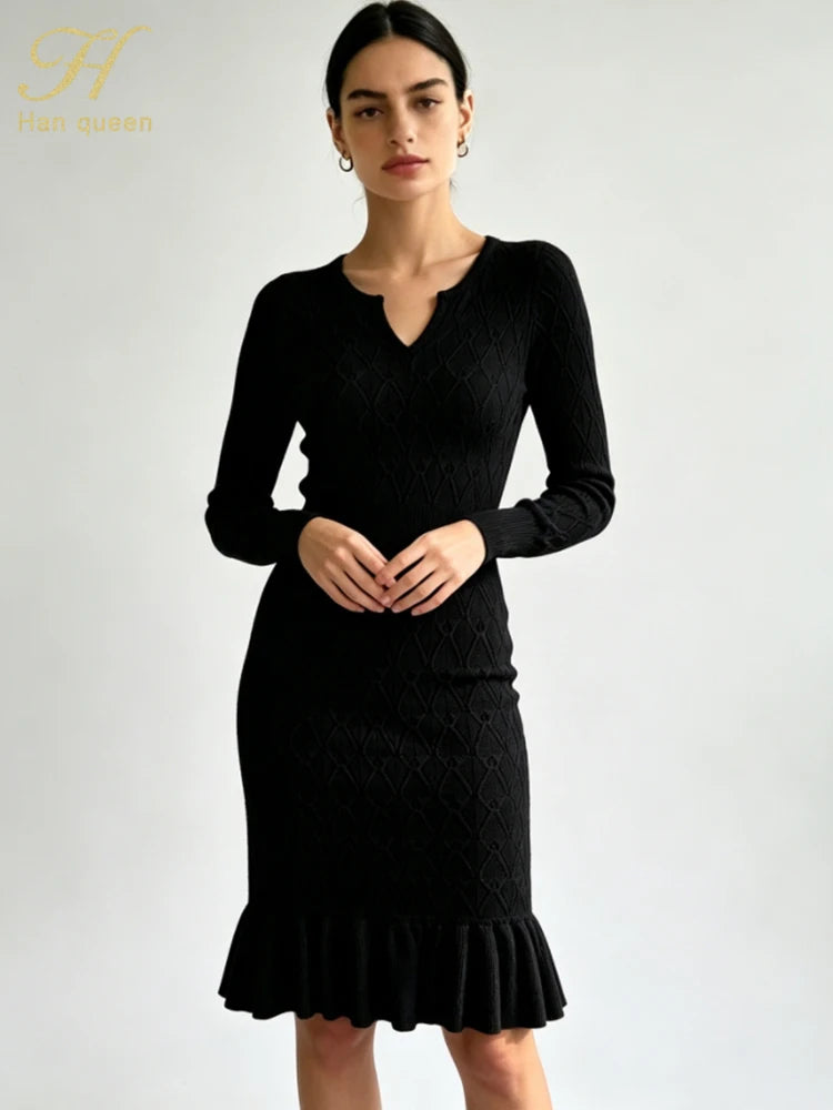 Abito in maglia a sirena con scollo a V e maniche lunghe