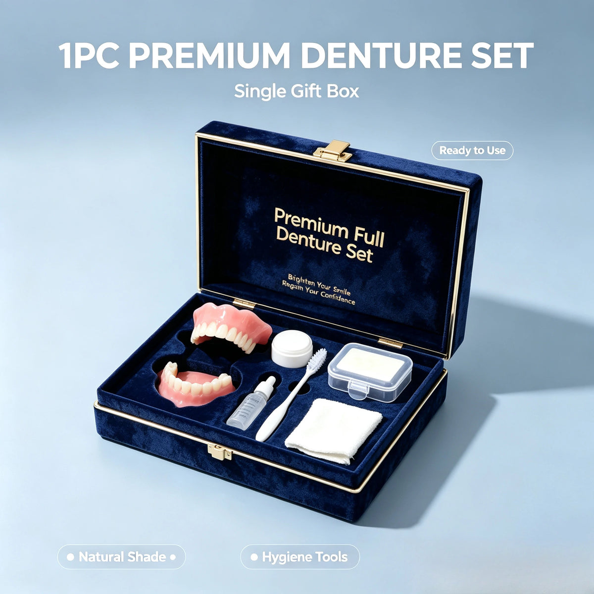 Kit de prothèse dentaire complète en silicone, dents artificielles supérieures et inférieures effet naturel, ajustement confortable, avec coffret cadeau et kit complet de soins dentaires et de nettoyage