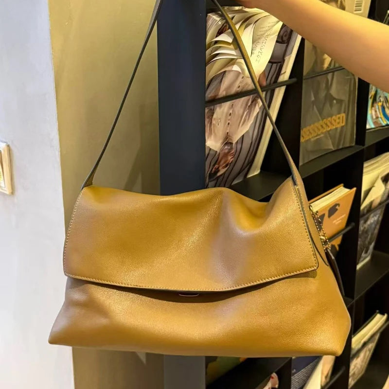 Luxury Genuine Leather Women's Shoulder Bag Large Capacity Flap Underarm Bag Simple Solid Color Soft Leather Brand Handbag