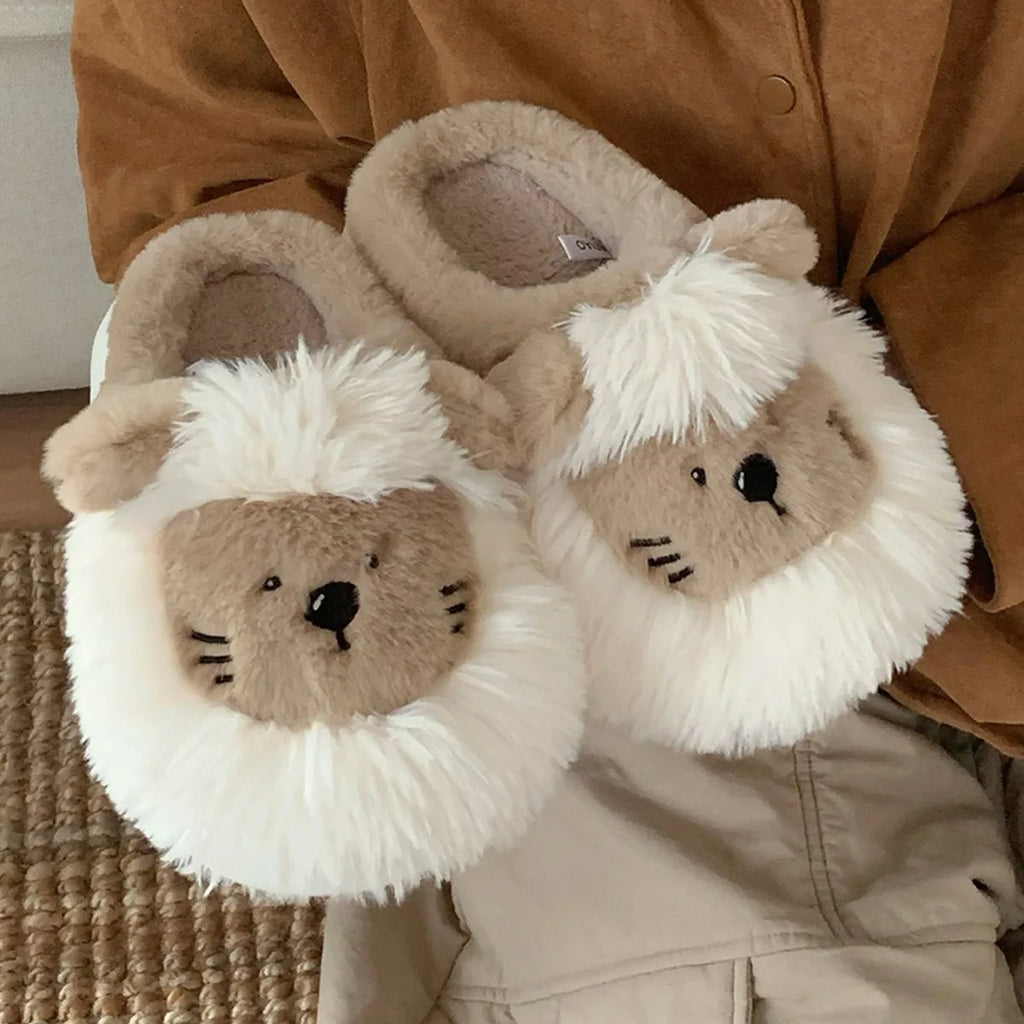 Damen-Hausschuhe aus Pelz, lässig und niedlich, 3D-Löwendesign, gelb-khakifarben, rutschfest, warm, weiche Sohle, bequem, für drinnen, Winter