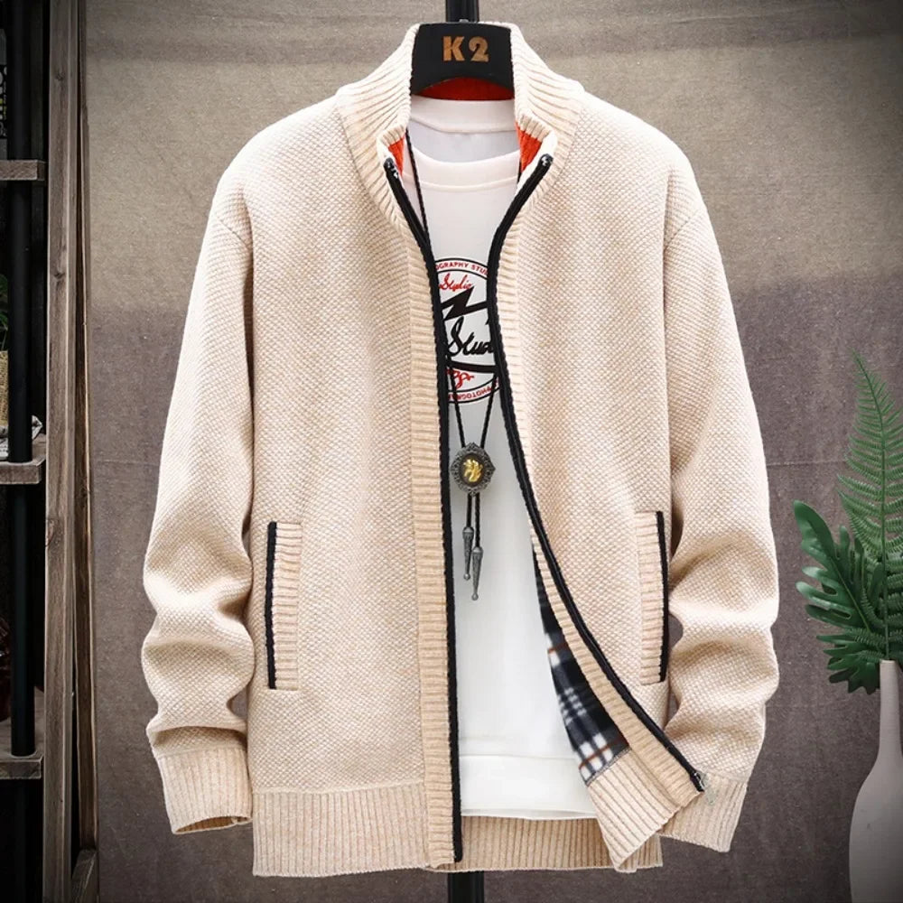 Men Solid Color Knitted Sweater Cardigan Autumn New Long-sleeved Zipper Jacket Warm Fleece Stand Collar Cardigans Basic Jacket