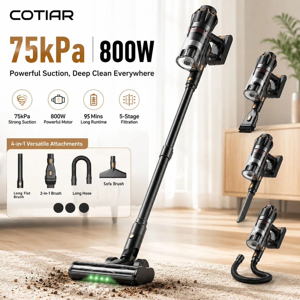 COTIAR Kabelloser Staubsauger V30 PRO 800W Leistungsstarke 75kPa Saugkraft 95 Min Laufzeit Handstaubsauger Haushaltsgerät Tragbar Abnehmbarer Akku