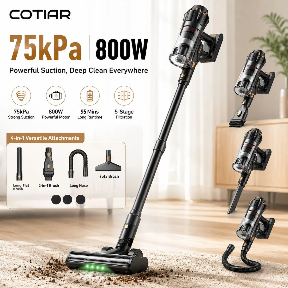 COTIAR Kabelloser Staubsauger V30 PRO 800W Leistungsstarke 75kPa Saugkraft 95 Min Laufzeit Handstaubsauger Haushaltsgerät Tragbar Abnehmbarer Akku