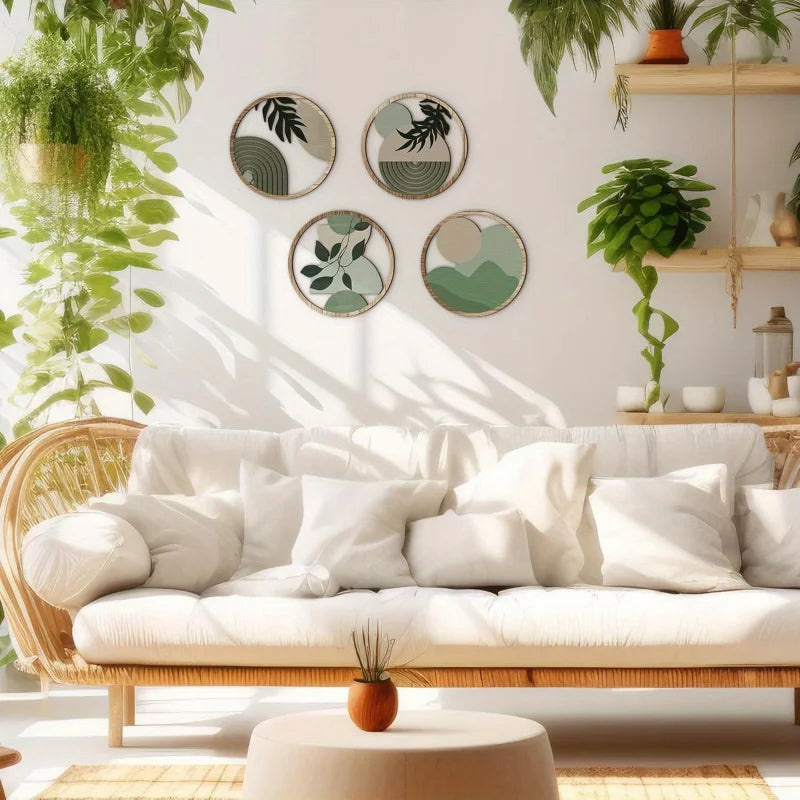 Lot de 4 décorations murales bohèmes - Décoration bohème en bois, œuvres d'art géométriques à suspendre, adaptées à une chambre de bébé, esthétique maison de campagne minimaliste