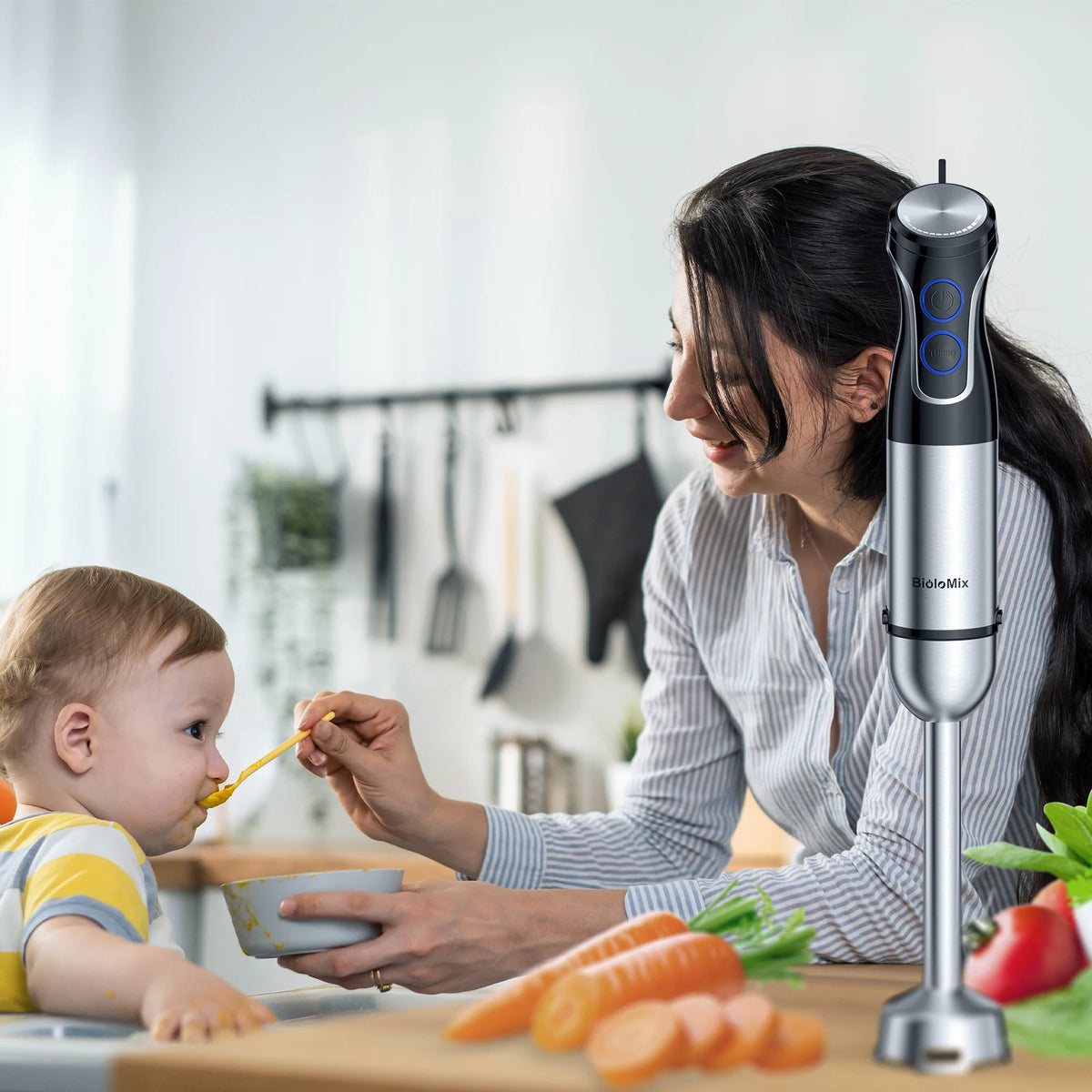 BioloMix 1500W 5-in-1 Immersion Hand Blender with 304 Stainless Steel Blade for Puree, Smoothies, and Baby Food Preparation