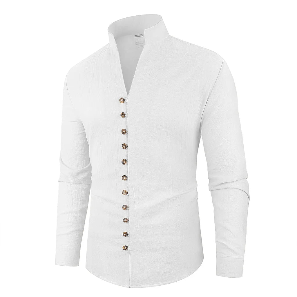 Spring Aututmn Men's Shirt Single Breasted Stylish Henley Neck Cotton Linen Casual Button Tops Simple Style Male Cozy Top