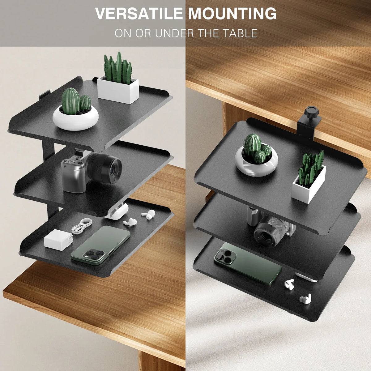 Clamp-On 3-Tier Steel Desk Organizer with Headphone Hook