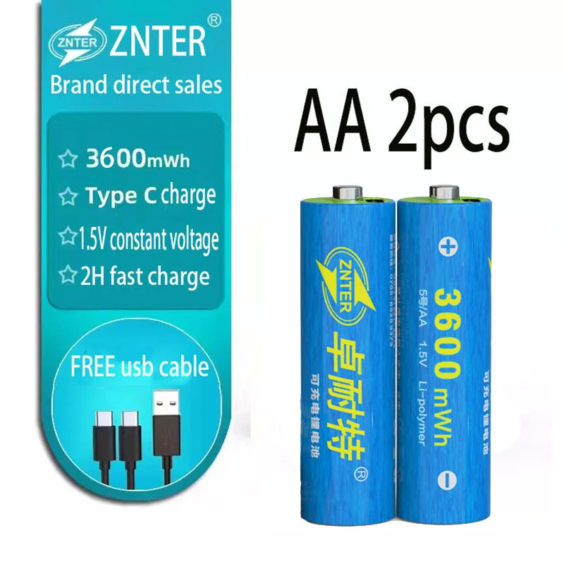 ZNTER AA 1.5V 3600mwh Capacity USB Rechargeable Lithium USB Battery USB Cable Charge