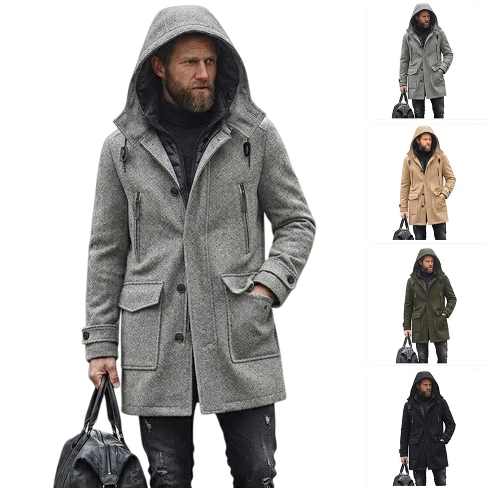 Mid Length Jacket Men Hooded Wool Blends Coats Zipper Buttons Overcoat Full Sleeve Trench Coat Y2k Streetwear Work Autumn Winter