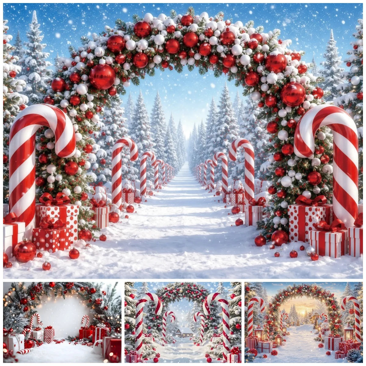 Candy Cane Arch Christmas Backdrop Snowy Forest Path Gift Boxes For Christmas Party Photo Booth Decoration Background Banner