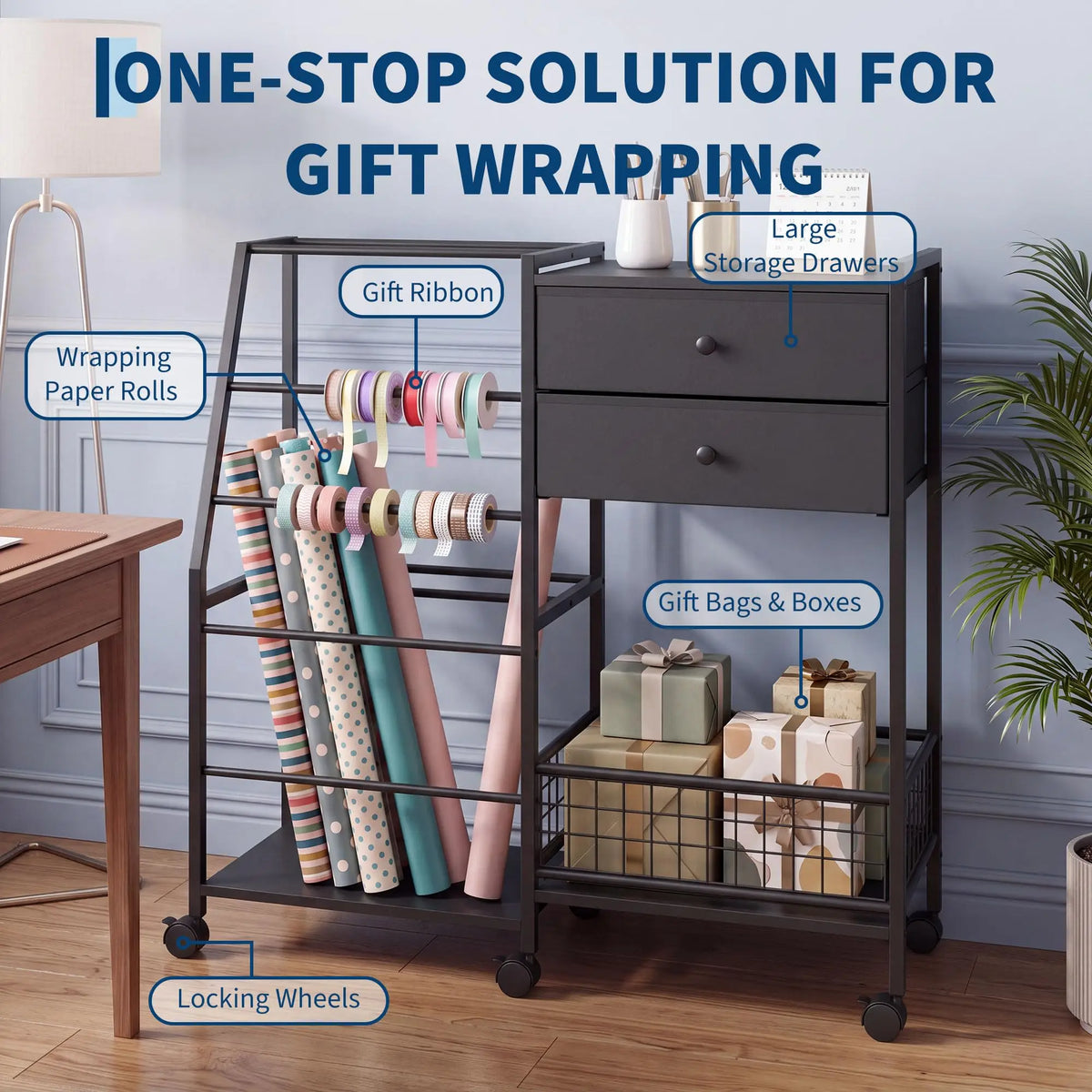 3-Tier Rolling Gift Wrap Organizer Cart with 2 Drawers Mobile Storage For Wrapping Paper Ribbons Gift Bags And Craft Supplies