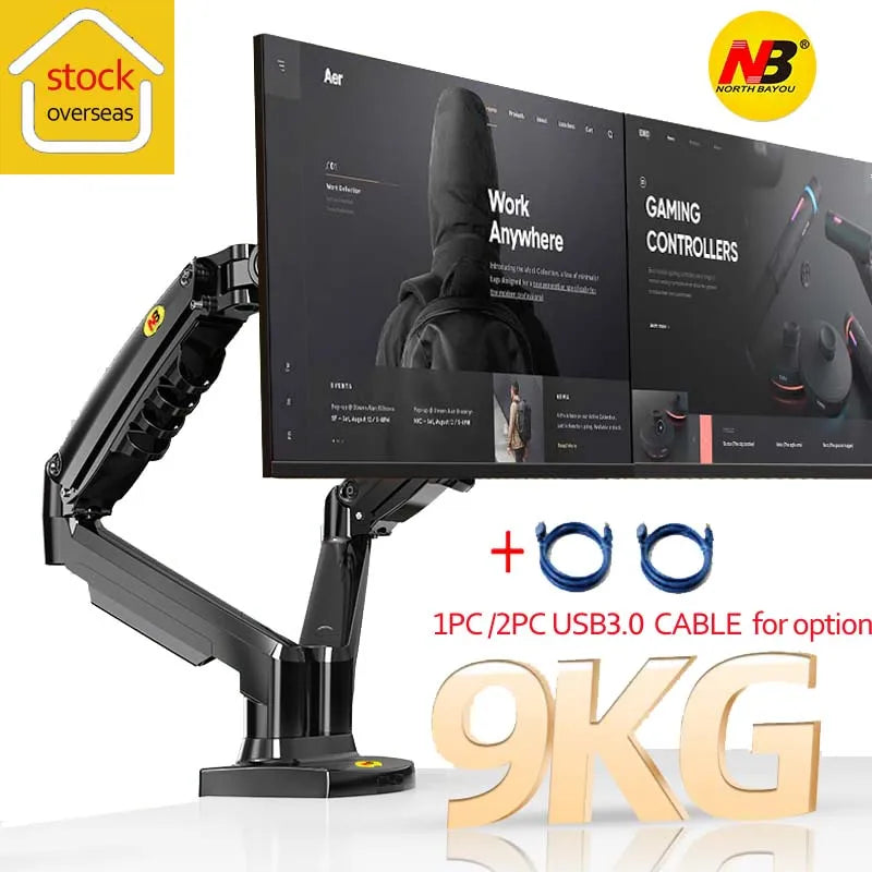 NEU F160 Gasdruckfeder-Monitorarm für zwei Monitore, 10–27 Zoll, um 360° drehbare Tischhalterung, 2–9 kg, mit 2 USB-3.0-Anschlüssen