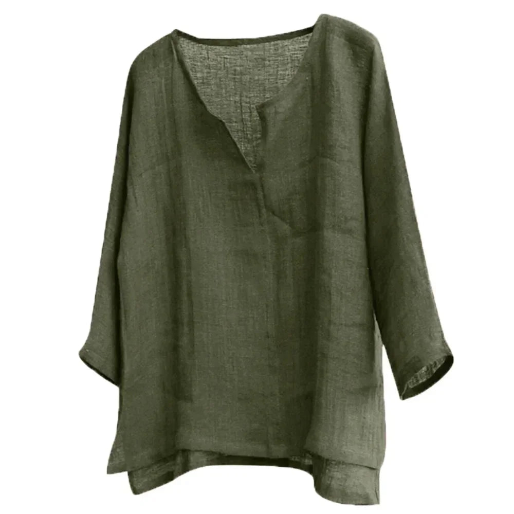 New Summer Autumn Women's Linen Cotton T-shirts Solid Color V Neck Top Casual Loose Long Sleeve Lightweight Pullovers