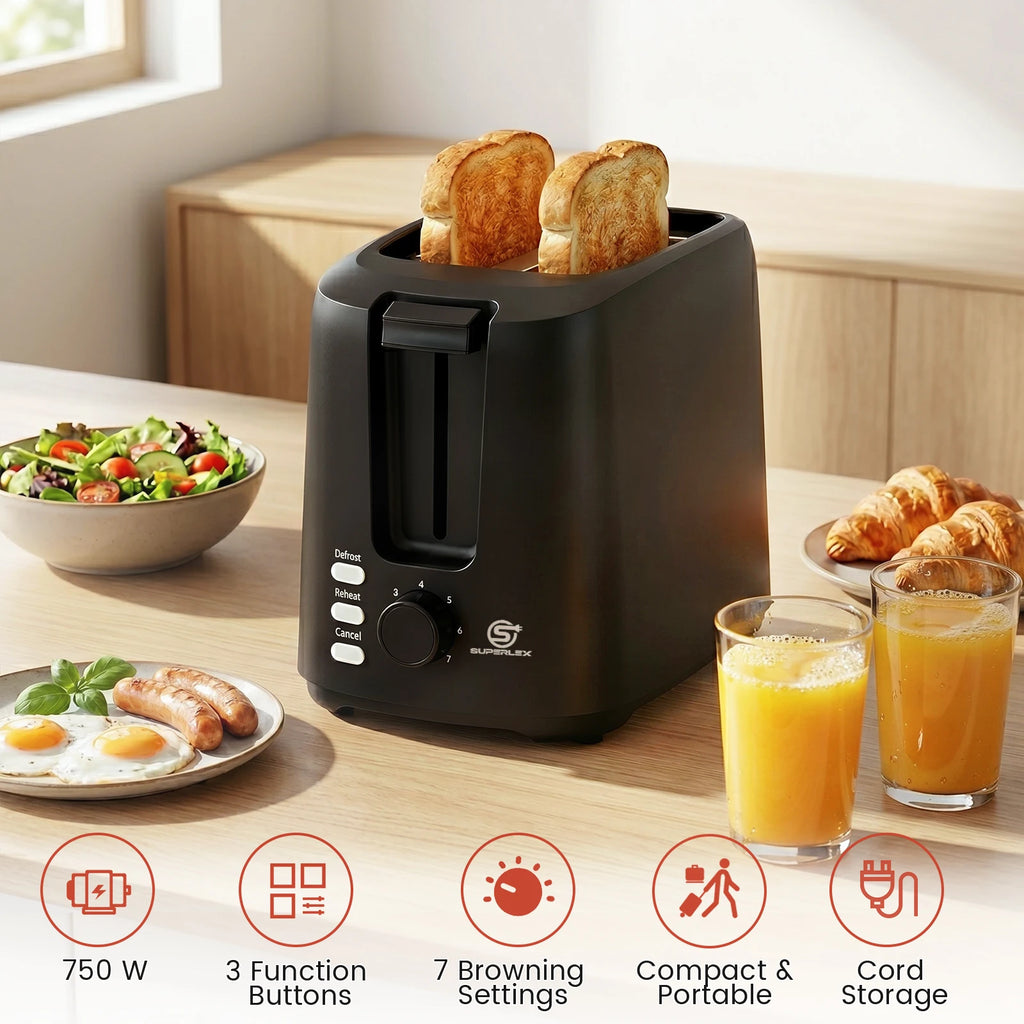 Tostadora SUPERLEX de 2 rebanadas con ranuras anchas, 6 modos, funcionamiento automático y 3 botones, pequeña, de acero inoxidable, para pan