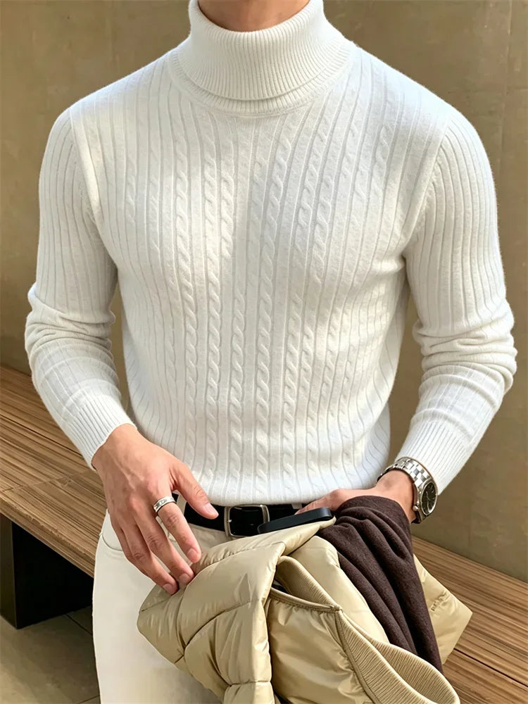 Men's Sweater Solid Color Slim Fit Turtleneck Long Sleeve Fashion Jacquard Pullover Male Clean Fit Streetwear Autumn Knitwear