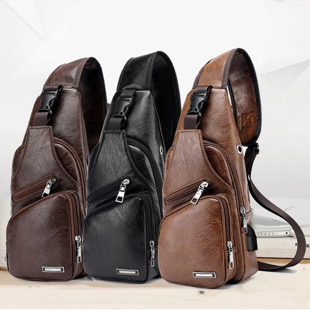 Men’s PU Shoulder Bag with USB Port Detail