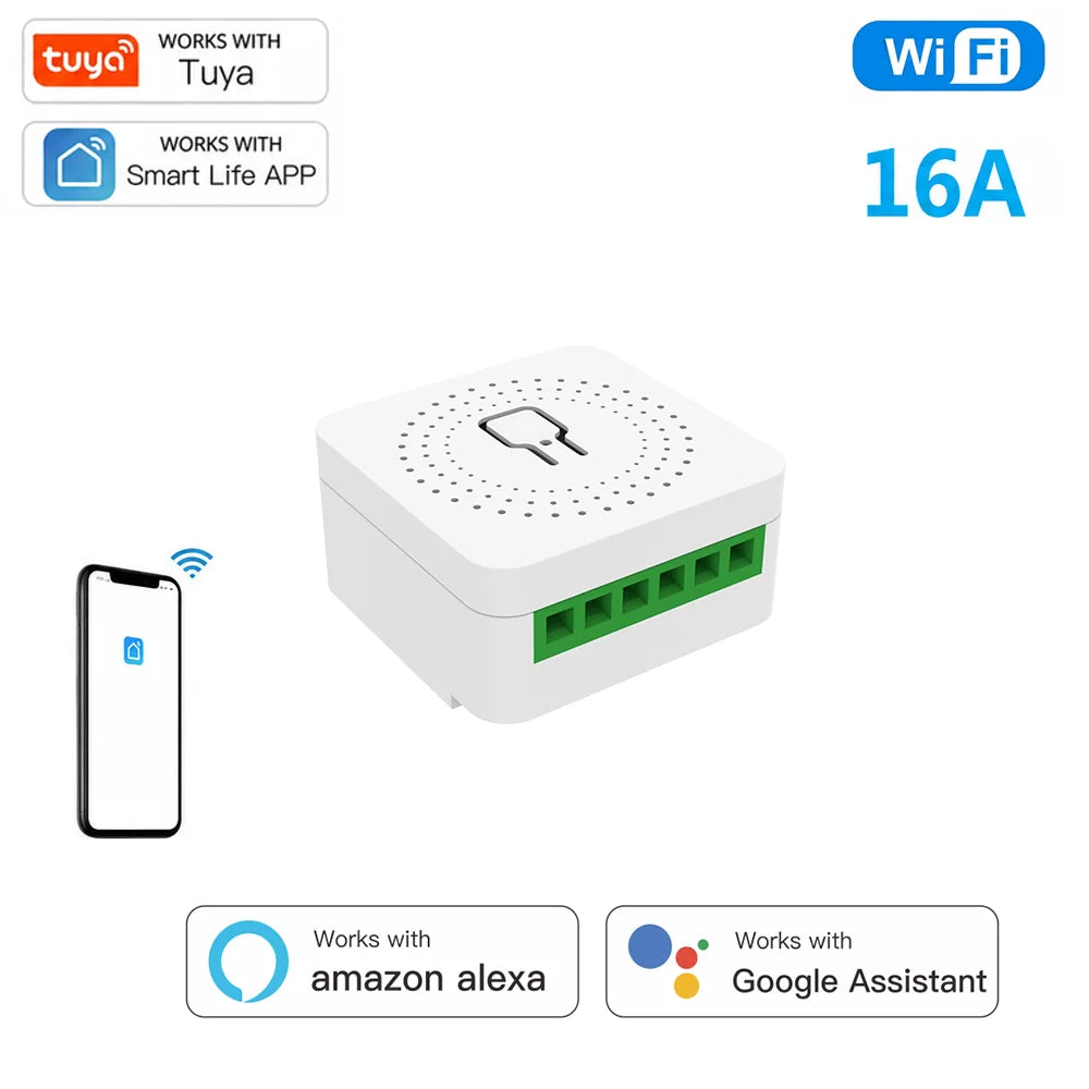 Interruptor inteligente mini WiFi Tuya con control remoto mediante app, control por voz y uso compartido multiusuario para hogares inteligentes