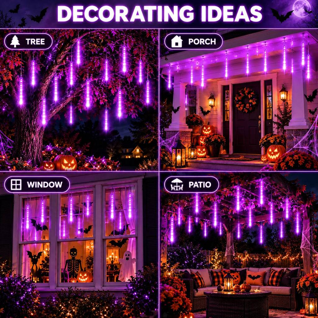 LED String Lights Meteor Shower Falling Rain Tube Lights USB Powered Warm White Purple for Garden Patio Yard Halloween Decor