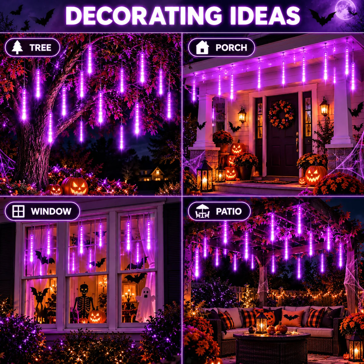 LED String Lights Meteor Shower Falling Rain Tube Lights USB Powered Warm White Purple for Garden Patio Yard Halloween Decor