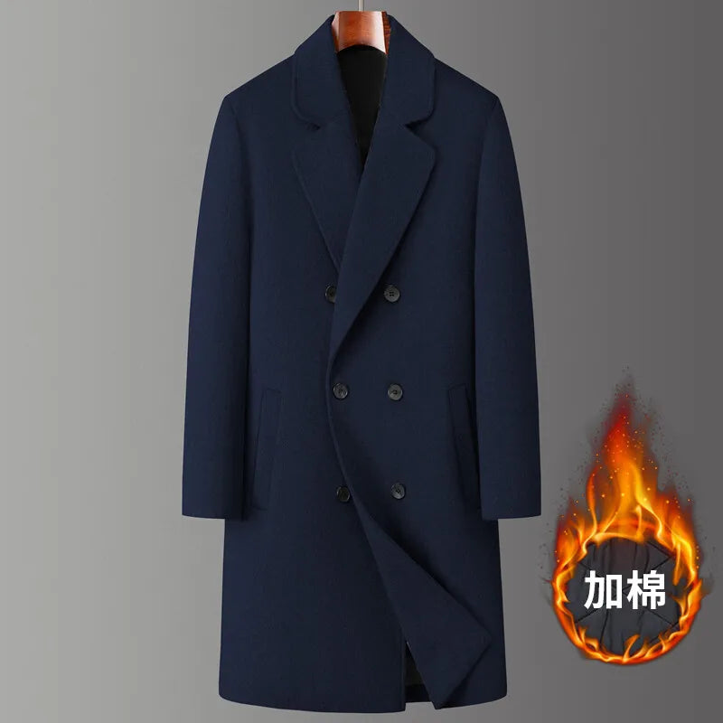 2024 Winter New Men's Medium to Long Woolen Coat with Thick Velvet and Warm Double Breasted Casual Coat