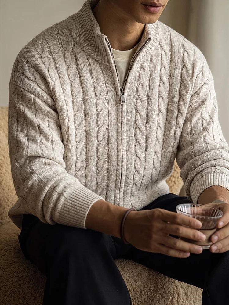 Autumn Men's Jacquard Sweater Solid Color Slim Fit Cozy Sweater Casual Fashion Streetwear Warm Zipper Knitted Cardigan