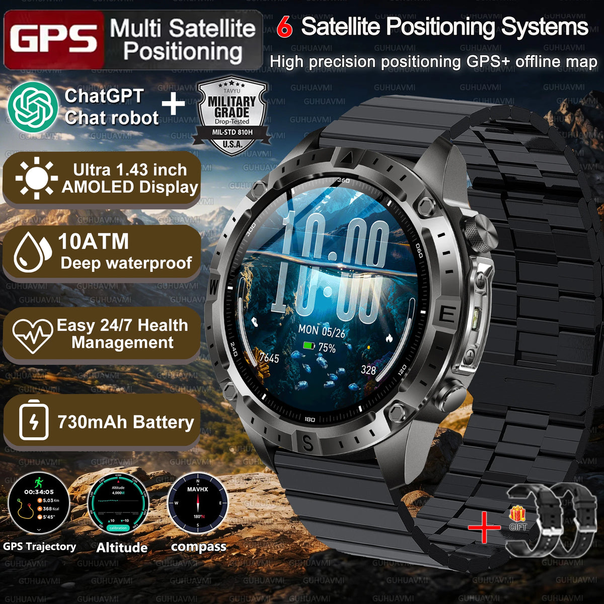 2026New Tank Grade Built in GPS SmartWatch Offline Map 10ATM Swim 2GB Music Compass Bluetooth Call Fitness Sports Smartwatch Men
