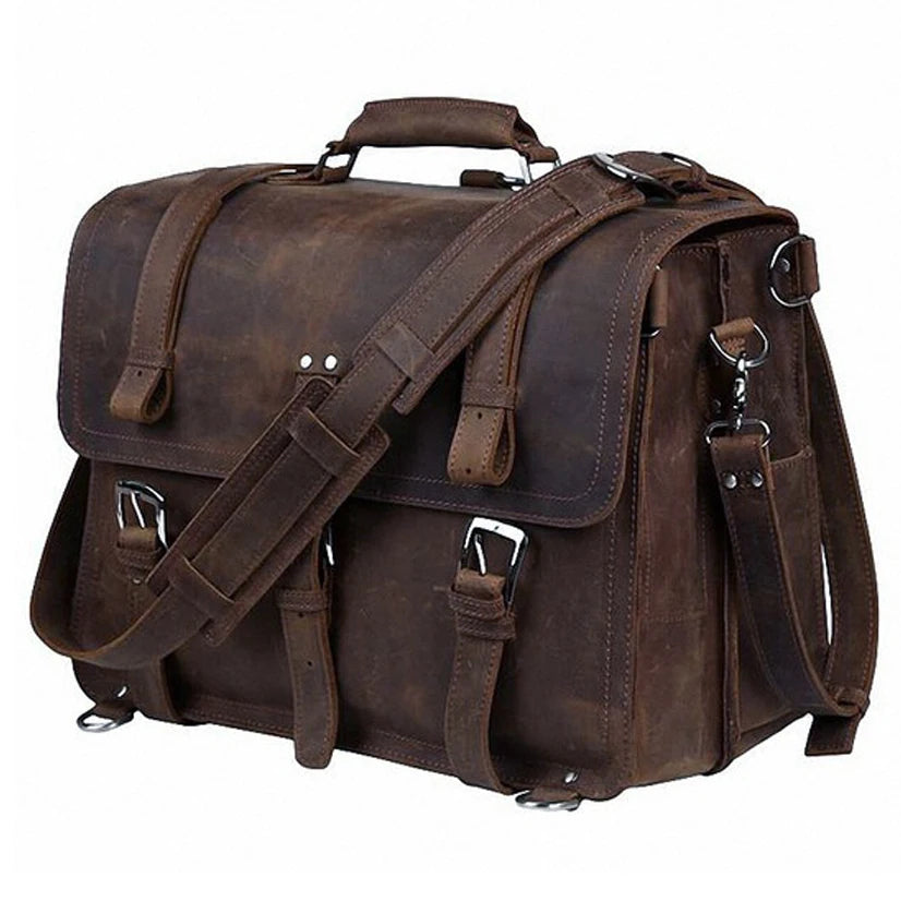 Vintage Crazy Horse Genuine Leather Men Briefcase Business Bag Large Leather Briefcase Male 17' Laptop Case Shoulder Bag Office