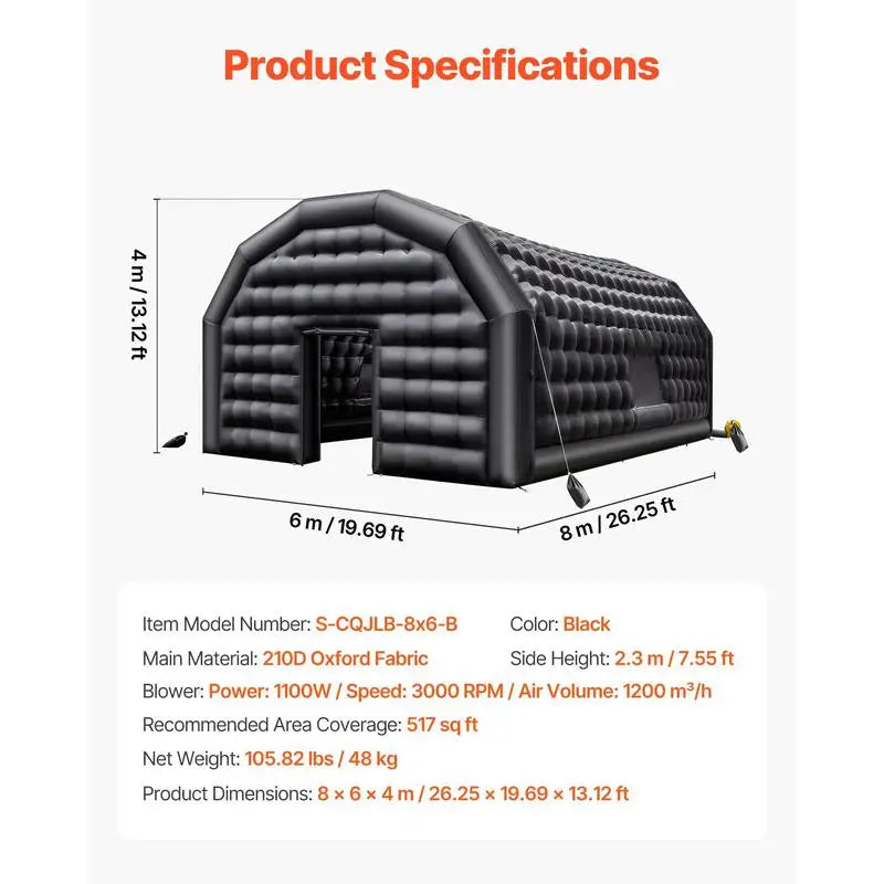 Inflatable party tent 8x6x4 m, cube tent for disco nightclub, pavilion wedding tent with 1100W blower, sandbag, 2 windows for events, birthday, wedding, black