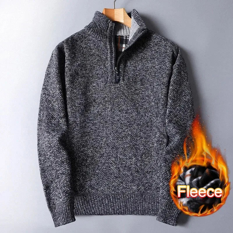 Autumn Winter Men's Sweater Padded Thickened Mock Neck Half Zipper Solid Color Warm Casual Pullovers Male Trendy Knitwear