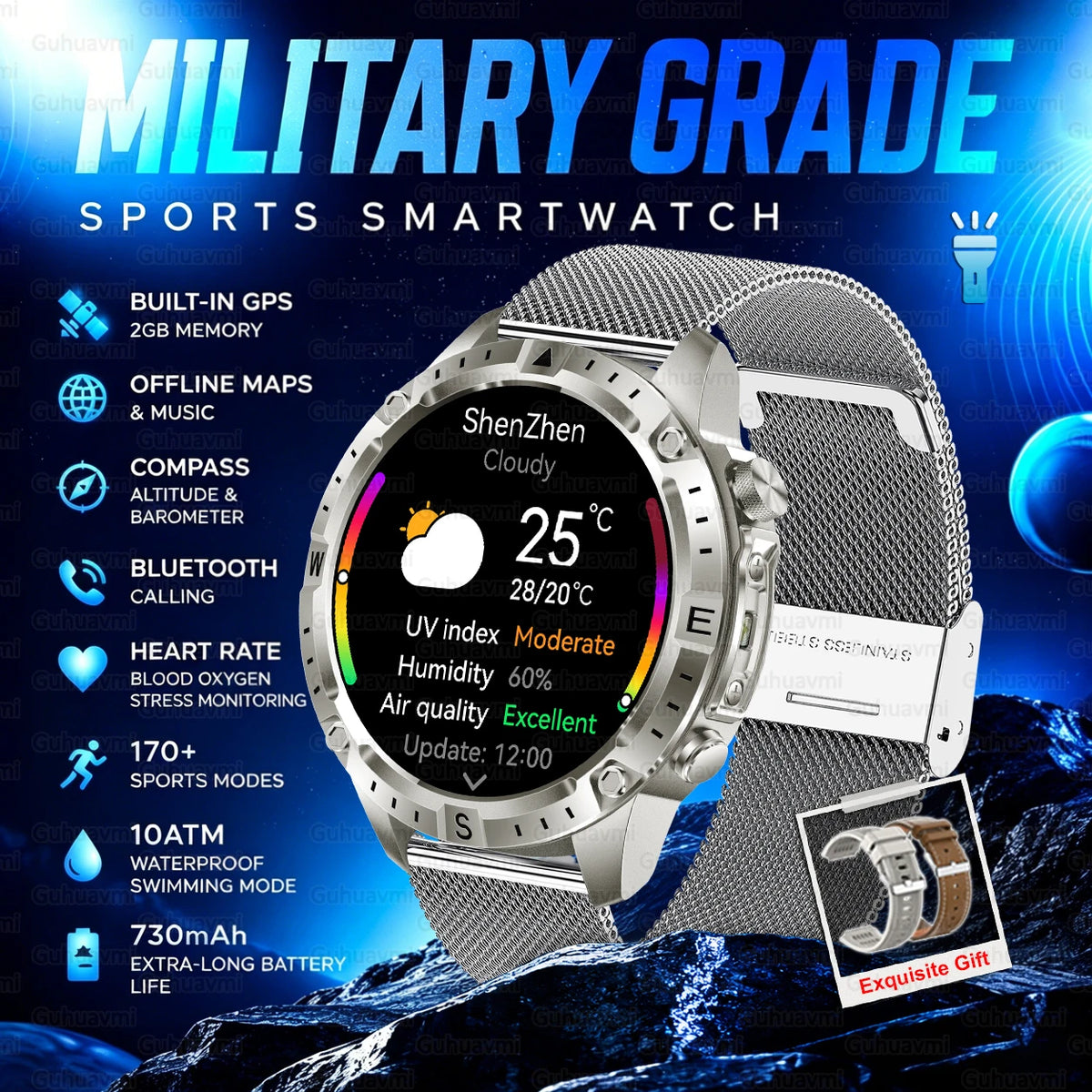 GPS Outdoor Smartwatch with Compass and Offline Map Feature