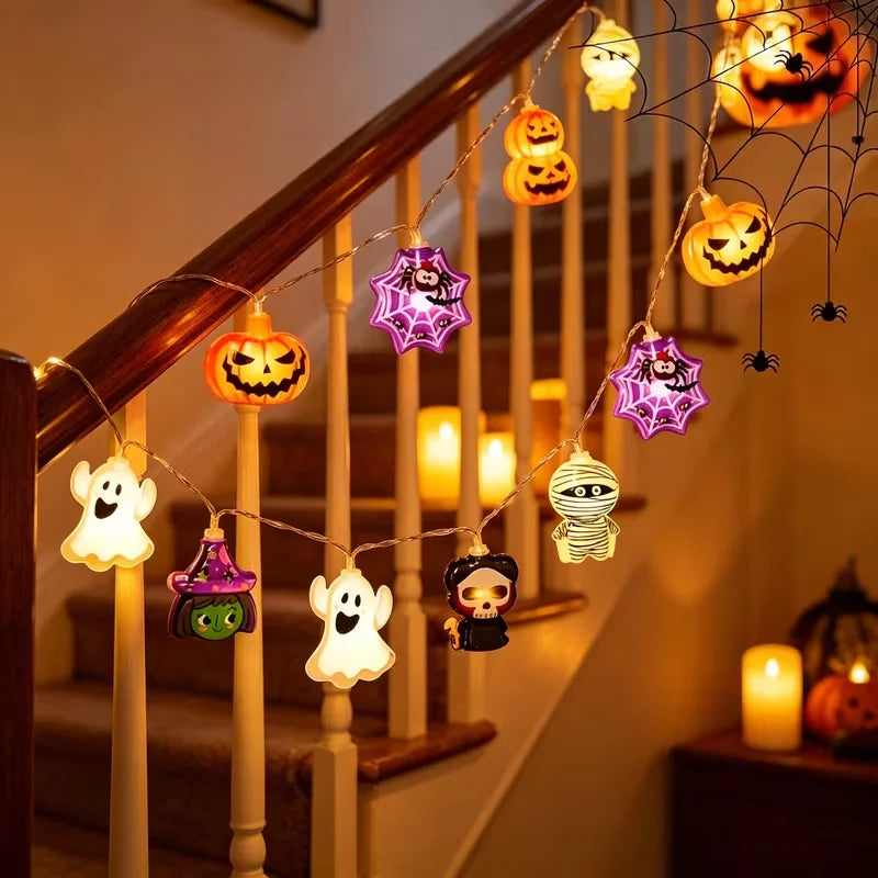 Guirlande lumineuse LED Halloween 10/20 lumières Fantôme Citrouille Momie Squelette Araignée Guirlande à piles pour fête Décoration de maison hantée