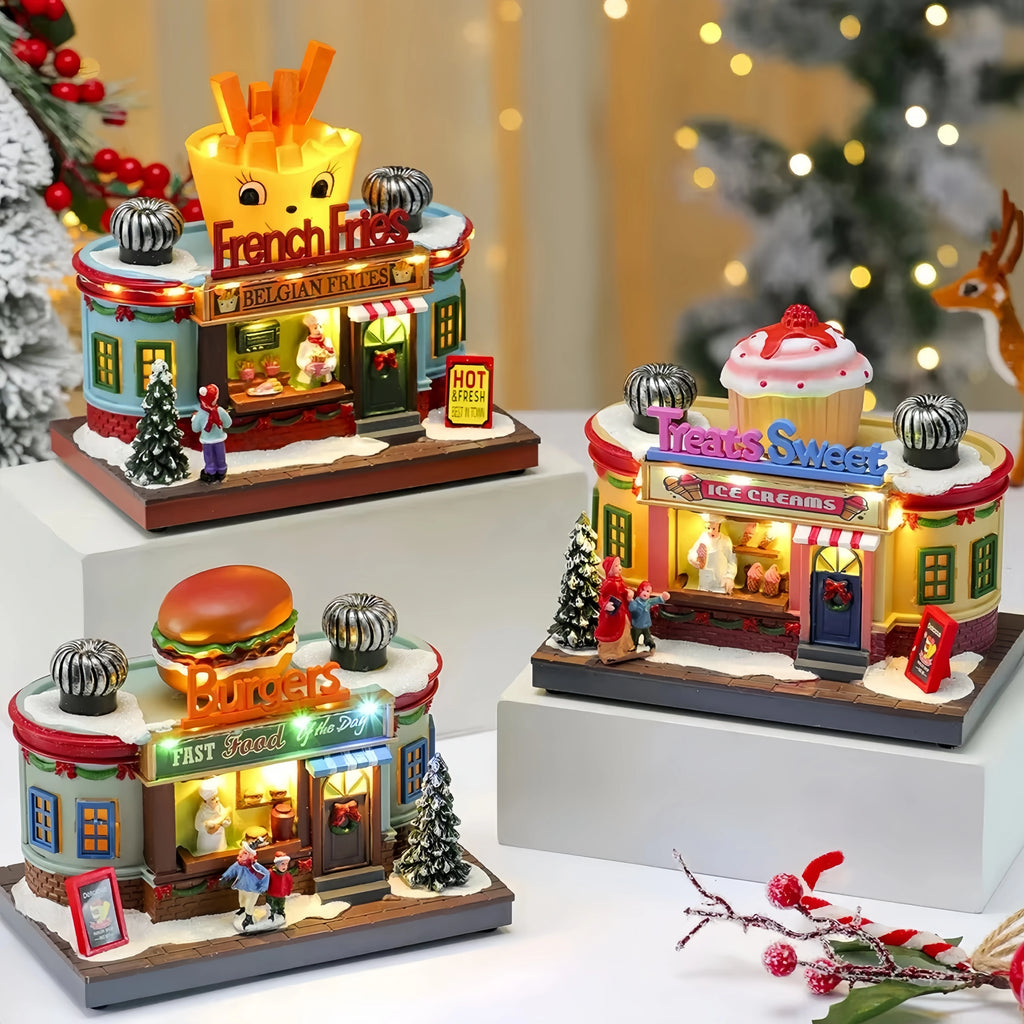 Christmas Rotate Lighted Music Box Resin Santa Ornament Gift Box Xmas Decorative Gift for Home Kitchen Cafe Window Holiday Party