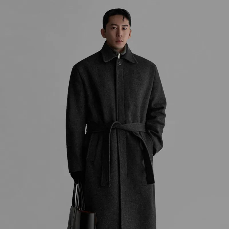 IEFB High-end Fashion Warm Solid Color Men's Wool Coat Turn Down Collar Long Sleeves Belt Tie Waist Coats Winter New Tide 9X2077
