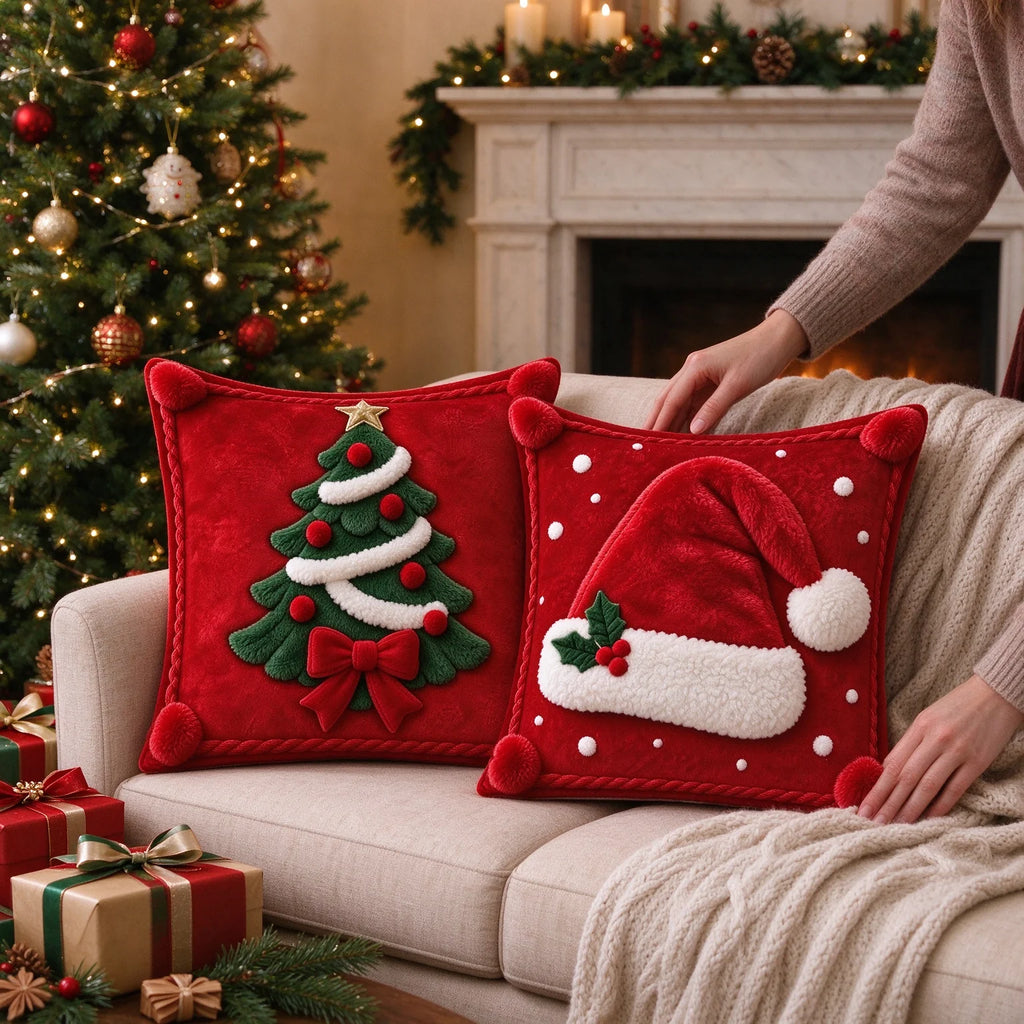 2D-bedruckter Weihnachtskissenbezug, Kissenhülle mit Weihnachtsmannmütze und Weihnachtsbaum, 45 x 45 cm, Polyester, Dekokissen für Sofa und Festtage